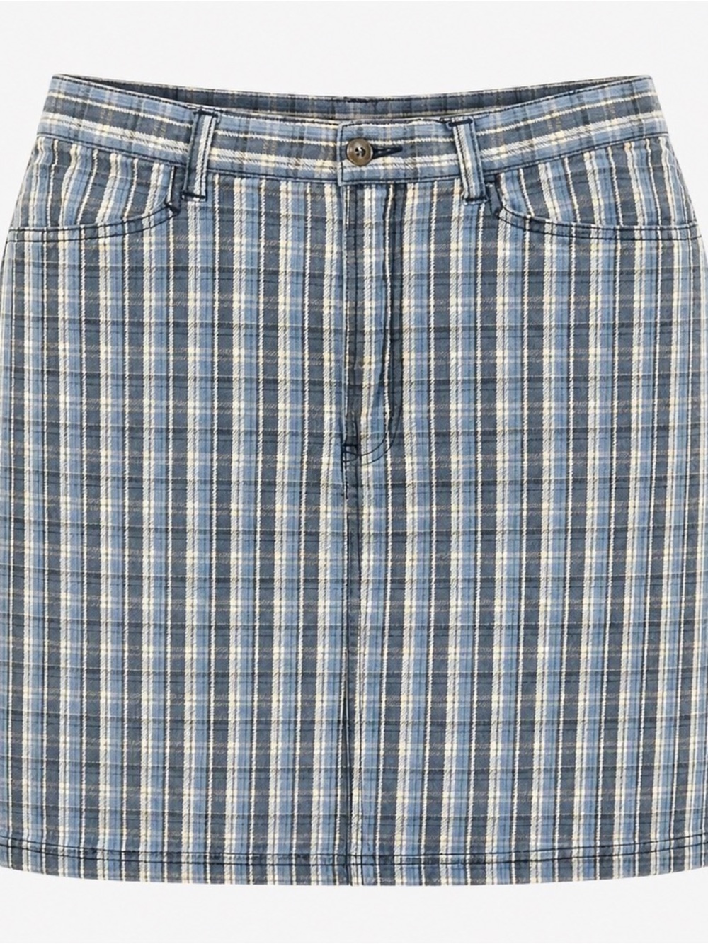 Blue Plaid Cotton Blend Mini Skirt